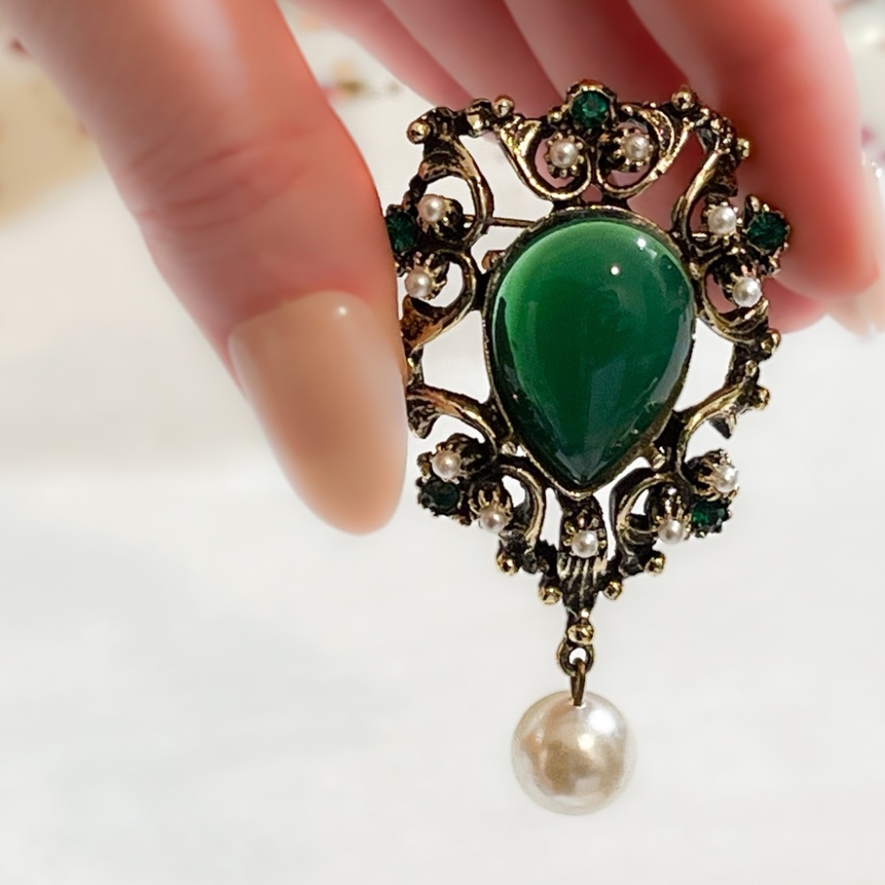 Vintage Victorian Revival Brooch With Green Cabochon And Faux Pearl Dangle